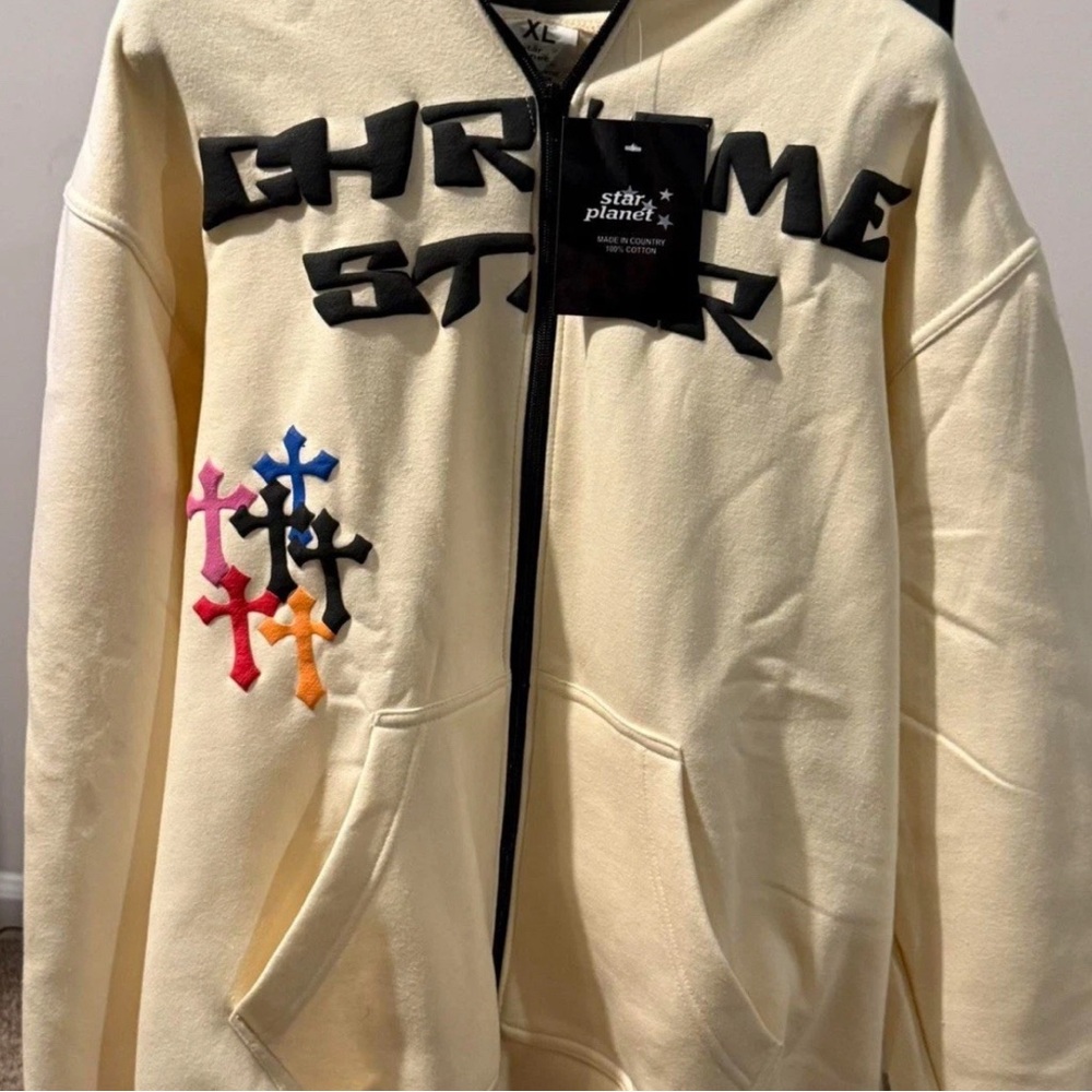 Chrome Star Cream Hoodie with Colorful Crosses